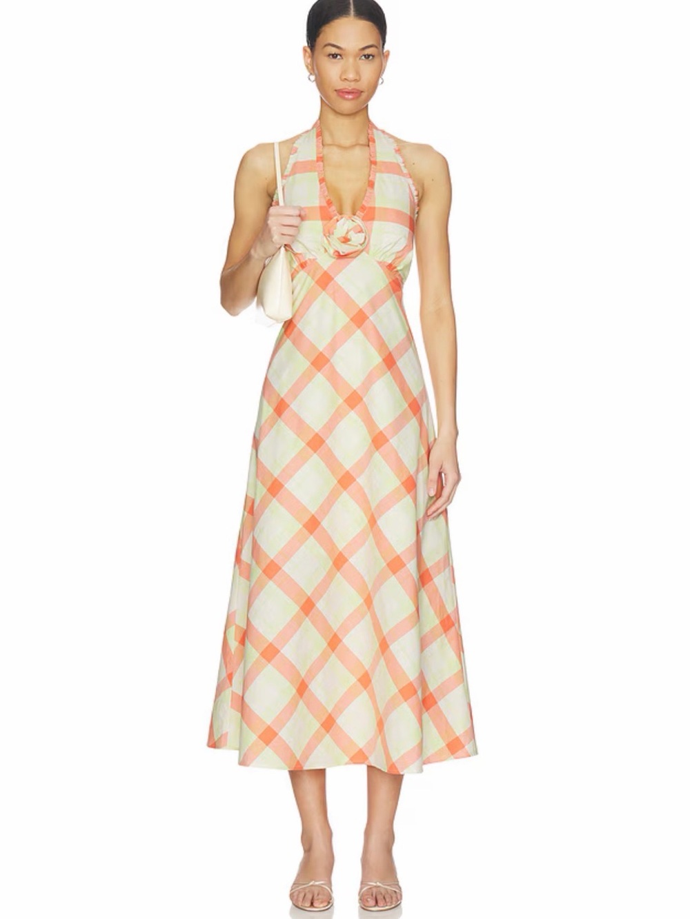 Steve Madden Peach & Cream Plaid Halter Midi Dress